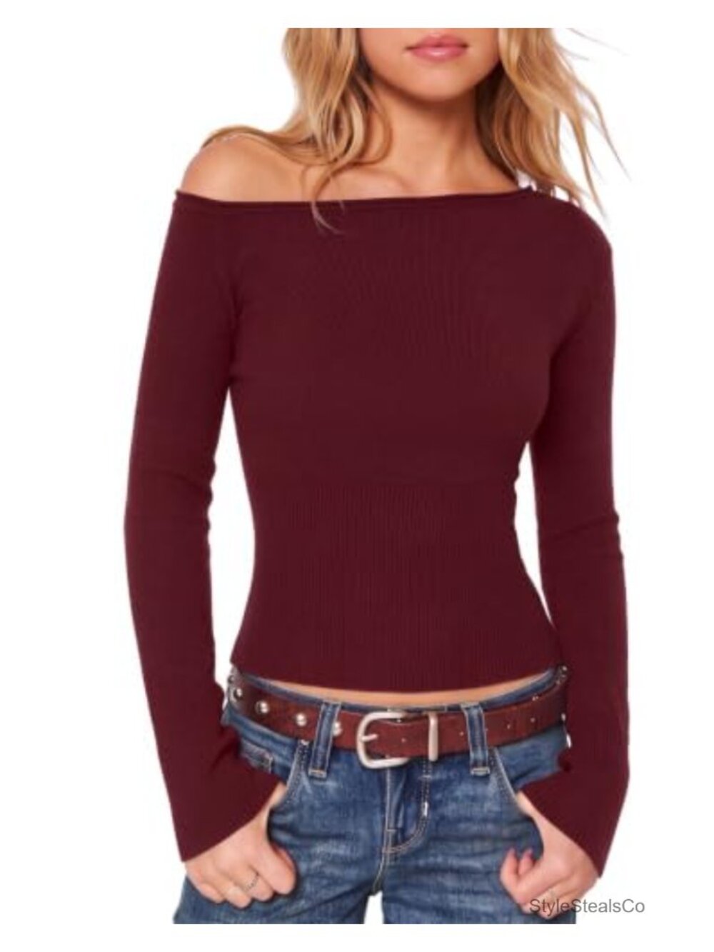 Cashmere Blend Off Shoulder Sweater Fitted Knit Pullover